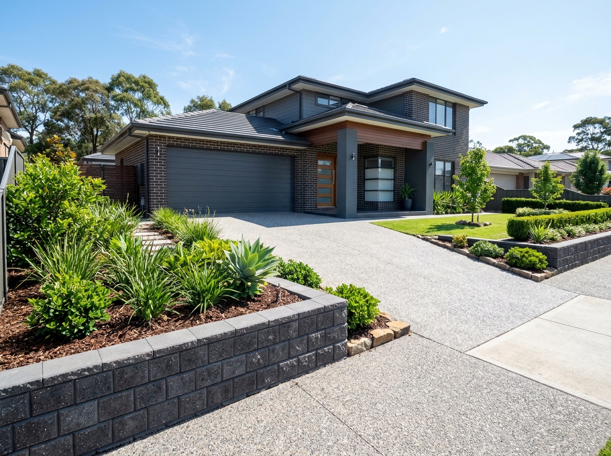 Exposed aggregate concrete driveway and landscaping by Geelong Earth Scape